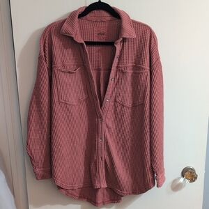 Aerie Coral Waffle Knit Button Up Top